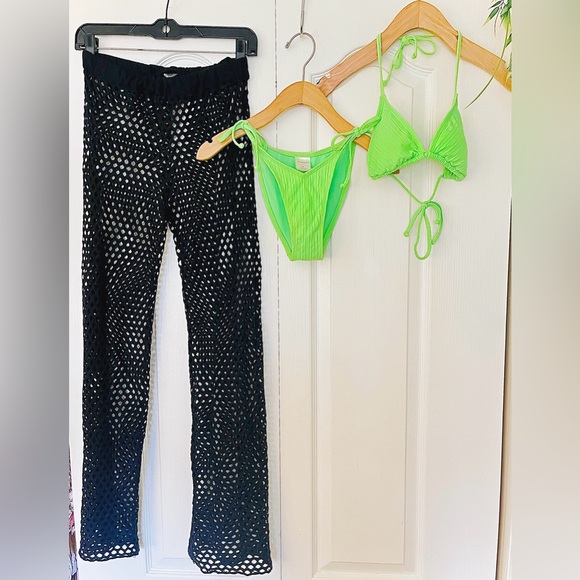 Neon Green Two Piece Bikini + Black Mesh Net Wide Leg Coverup Pants Swimwear SET - Picture 1 of 16